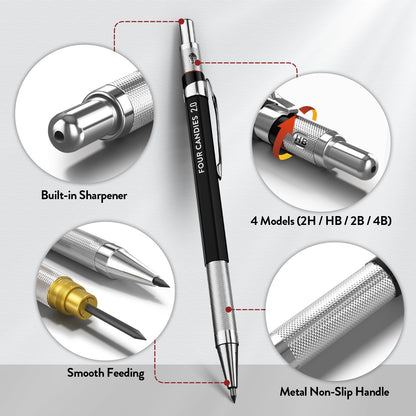 Four Candies 2MM Mechanical Pencil Set with case, Artist Led Pencil Metal Lead Holder with 60PCS Graphite Lead Refill (HB, 2H, 2B, 4B, Color) Kneaded Eraser, Sharpener for Writing, Drawing, Sketching