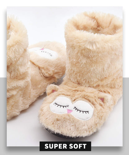Panda Bros Slipper Socks for Women Cozy Warm Lined Fuzzy Sock Slippers Indoor Booties with Non Slip Grippers(Beige owl,5-7.5)