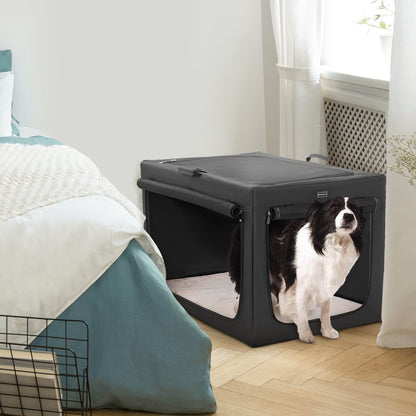 Petsfit Dog Crate, Sturdy Frame and Ventilation Mesh,Large Dog Crate for Car Travel,Fleece Mat Rolling Curtain Dog Carrier for Medium to Large Dogs