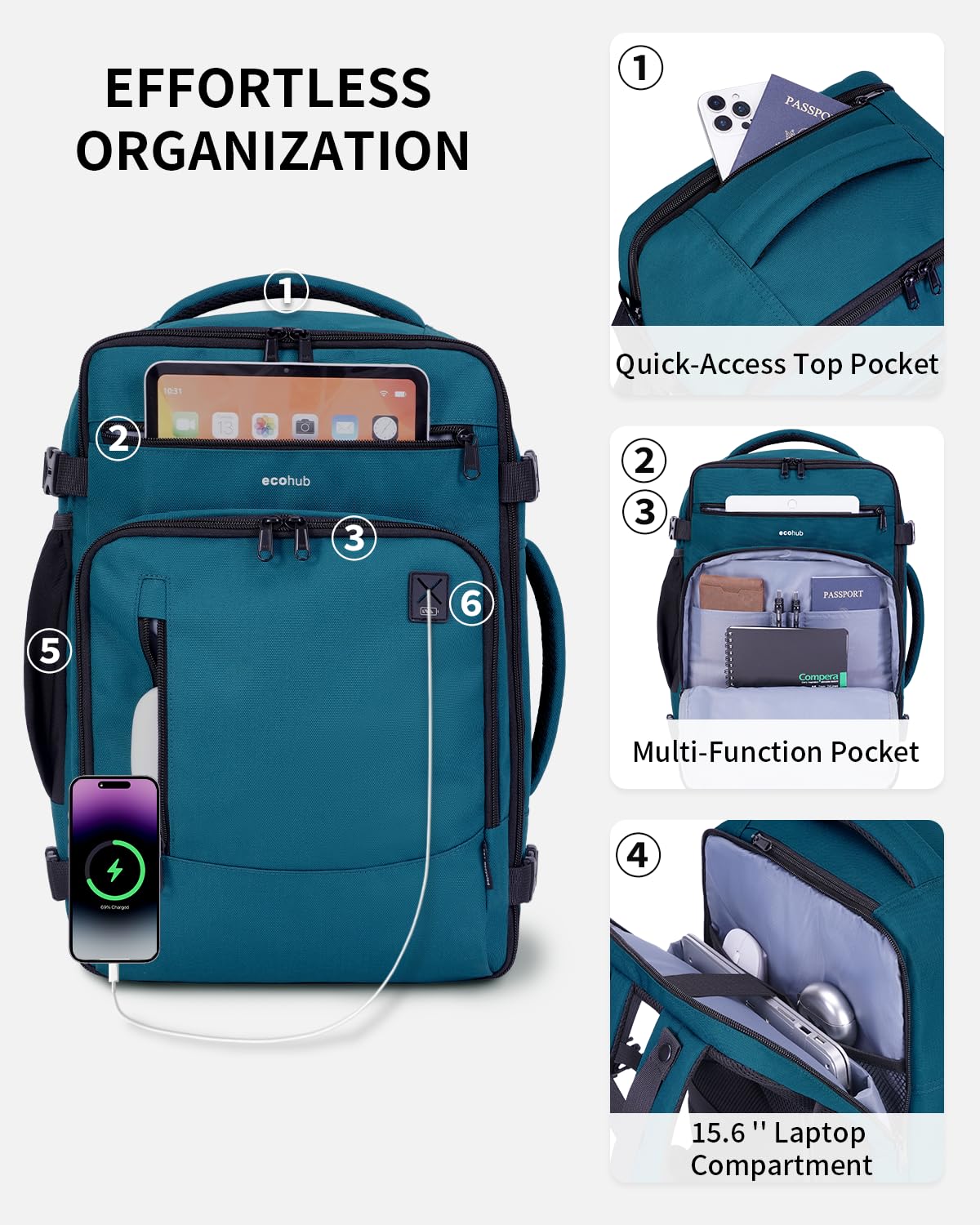 ECOHUB 17" Small Travel Backpack, United Airlines Personal Item Bag 17x10x9 with 16 Pockets, Water Resistant Rucksacks Fit 15.6" Laptop, AirTag Pocket, Lightweight Casual Daypack, 25L, Blue Green