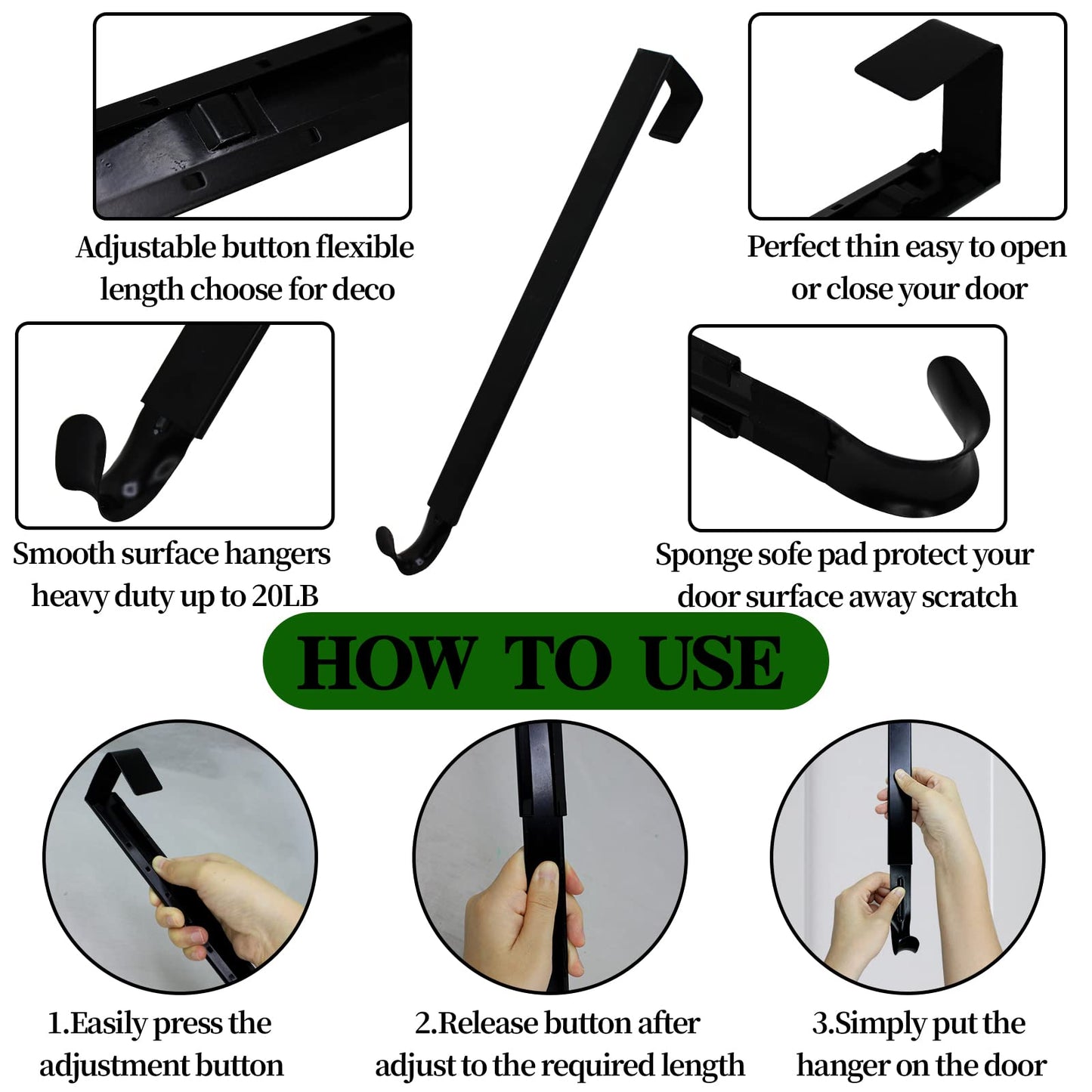 GP Life Wreath Hanger for Front Door, Adjustable from 15 to 25 Inches Hanger, 20 lbs Larger Door Upgrade Christmas Fall Wreaths Decorations Hook (Black)