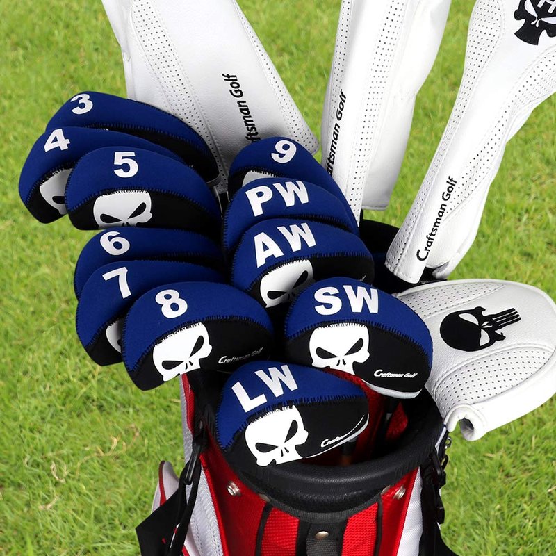 Craftsman Golf 11pcs Multi Color Skull Golf Club Neoprene Iron Head Cover Headcover Set Protector Cases (Blue & Black)
