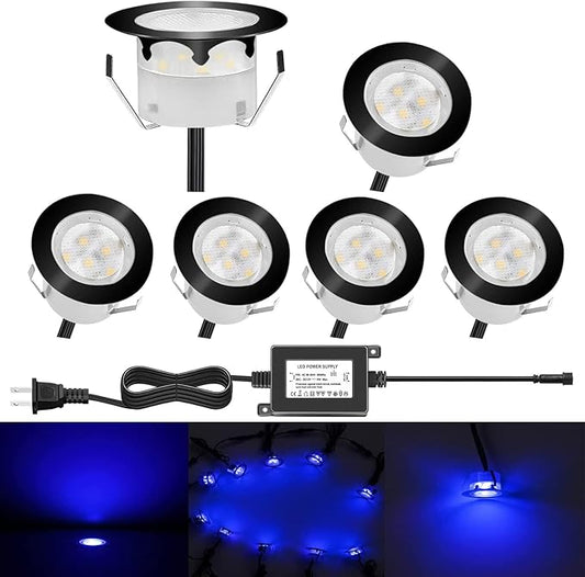 Low Voltage LED Deck Lighting Kit Stainless Steel 1W Waterproof Outdoor Yard Garden Decoration Lamps Landscape Pathway Patio Step Stairs LED In-ground Lights Black Border(6pcs,Blue)