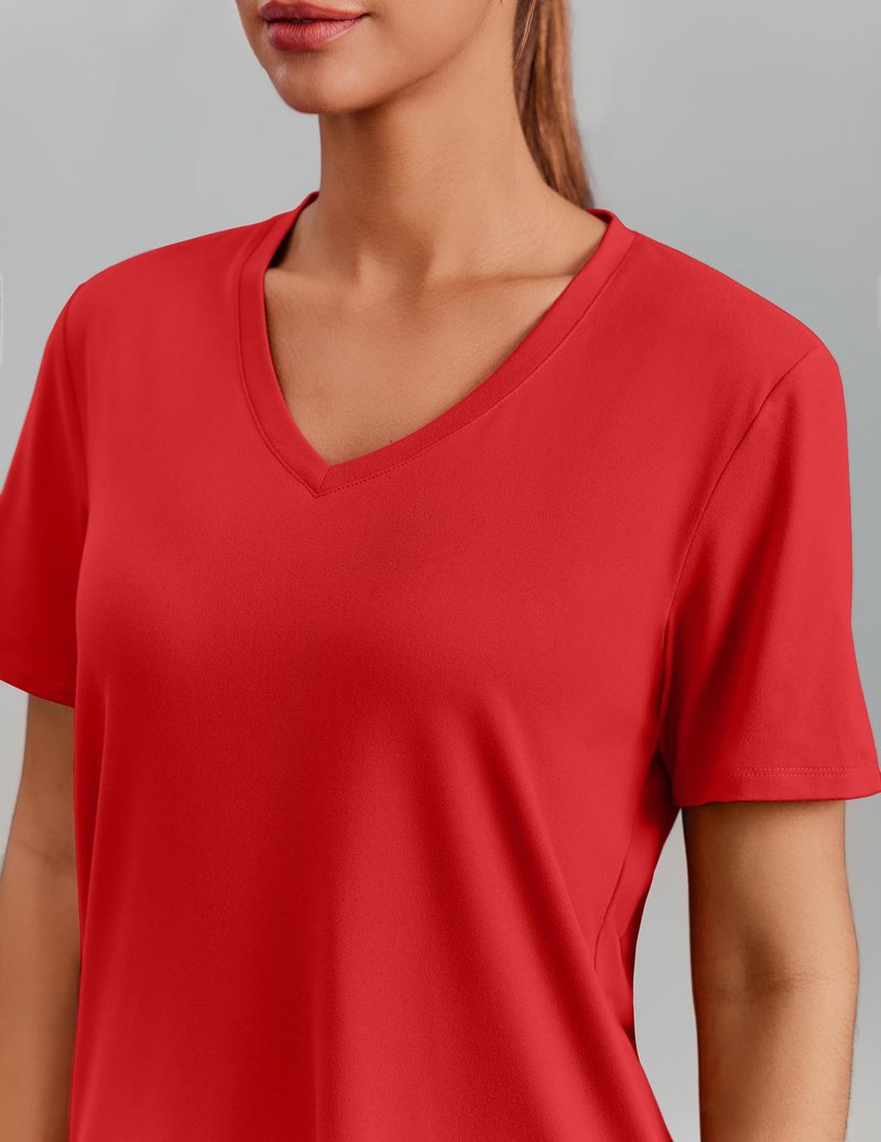 PINSPARK Gym Shirts for Women Short Sleeve V Neck Workout Tops Moisture Wicking Athletic T-Shirts Quick Dry Fitness Exercise,Red X-Large