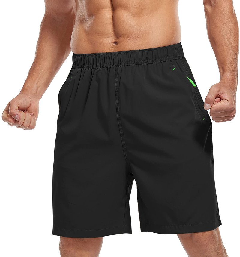 Men's Athletic Shorts Quick Dry Lightweight Gym Running Casual 7 Inch Inseam Shorts with Zipper Pockets Black Large