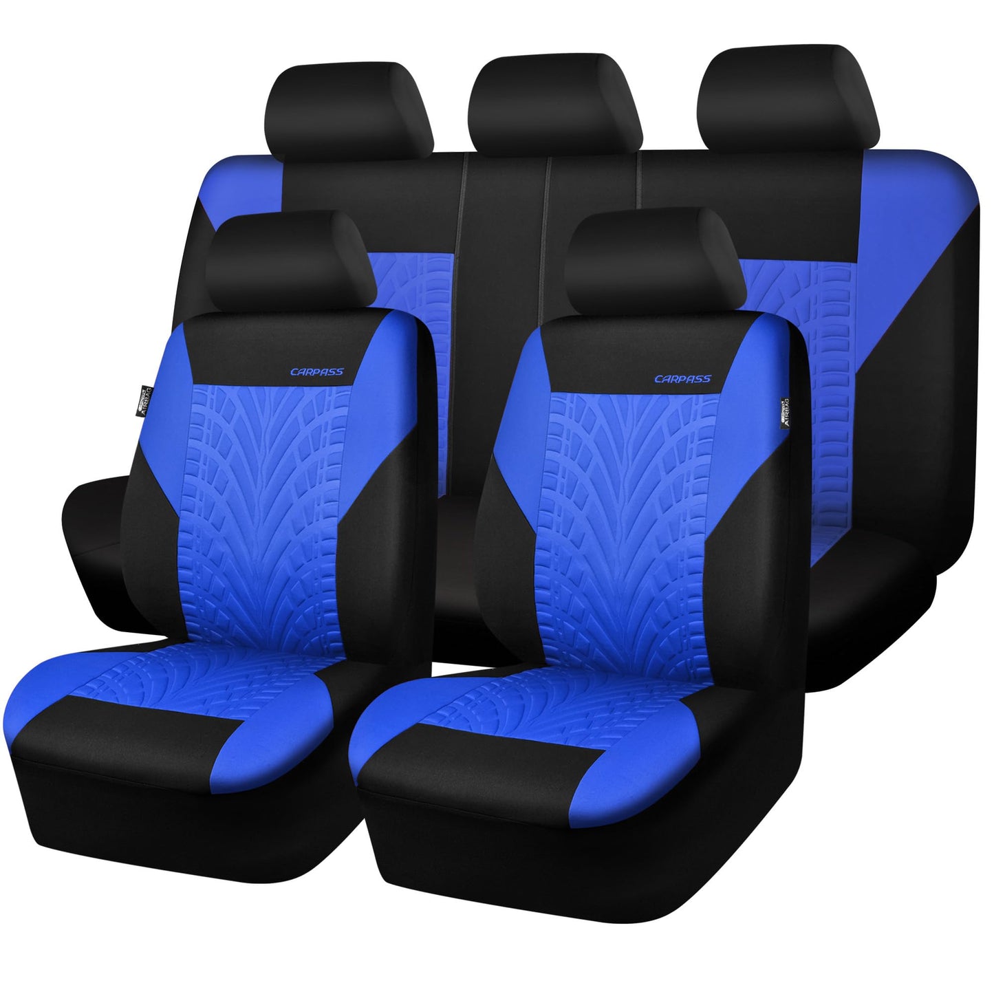 CAR PASS Car Seat Covers Full Sets, Front & Split Rear Bench for Car, 3D Tyre Embossed Automotive Interior Covers, Airbag Compatible, Quick Setup Universal Fit Seat Covers for Car, SUV(Black Blue)