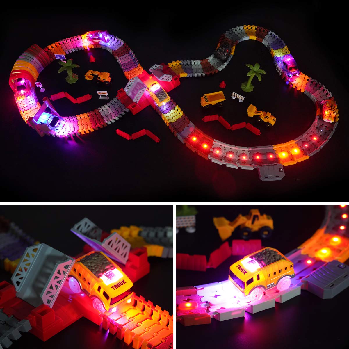 Car Tracks Replacement, Glow in The Dark Toy Cars With 5 Flashing LED Lights, Racing Accessories Compatible With Most Tracks for Kids Boys and Girls (4 Pack)