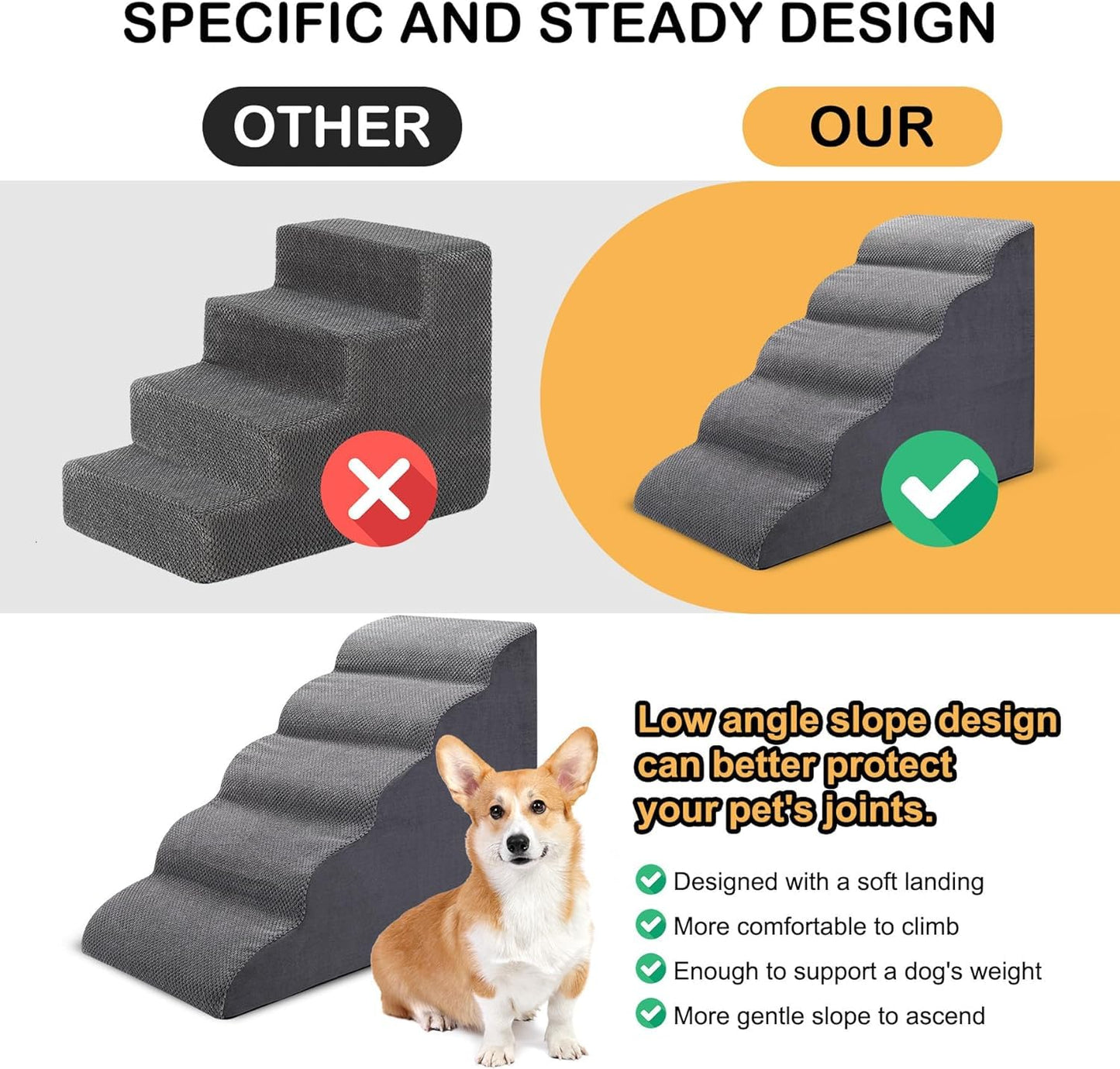 Wide Dog Steps Stairs for Bed 5 Steps 62 cm High for Dogs, Dog Ramp High Density Foam Pet Stairs Washable Cover and Non-Slip Base 40 x 87 x 62 cm