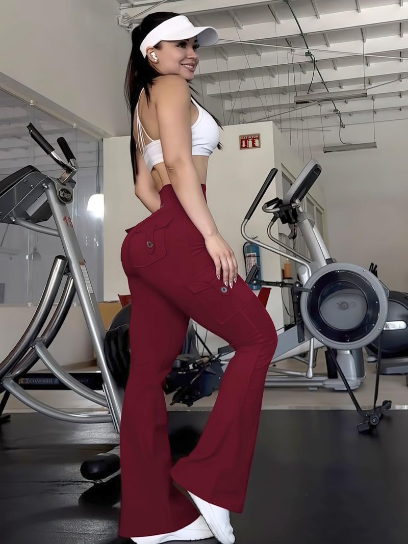 YEOREO CoreFlex Women Workout Flare Leggings with Pockets Hidden Scrunch High Waisted Cargo Gym Yoga Leggings Wine XXL