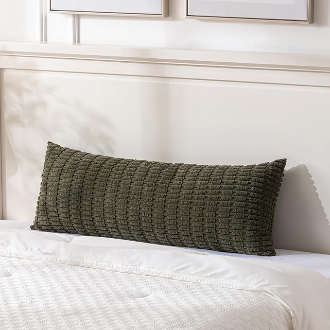 Fancy Homi Olive Green Long Body Lumbar Decorative Throw Pillow Covers 14x36 Inch for Bed Couch Bedroom, Soft Corduroy Rectangle Solid Pillow Case 35x91 cm, Rustic Farmhouse Boho Room Decor