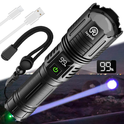 Torches LED Super Bright 500000 Lumen Rechargeable with LCD Power Display and 5000 mAh, Zoomable, IP67, Powerful, 5 Light Modes, High Power Torch for Camping, Hiking, Dog Walking