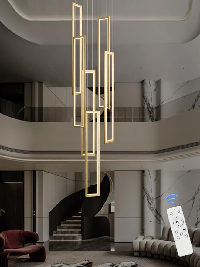 Flashing God Large Modern Chandeliers,Gold Chandelier with 6 Ring Led Foyer Chandeliers,High Ceiling Chandelier for Living Room,Rectangle Pendant Lights for Entryway Staircase LED Dimming 2700k-6001k