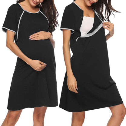 Sykooria Women's Maternity Nightdress Breastfeeding Nightwear Short Sleeve Nursing Nightgown Button Down Sleep Shirt V Neck Pajama Tops Soft Loungwear For Pregnant Women(Black,M)