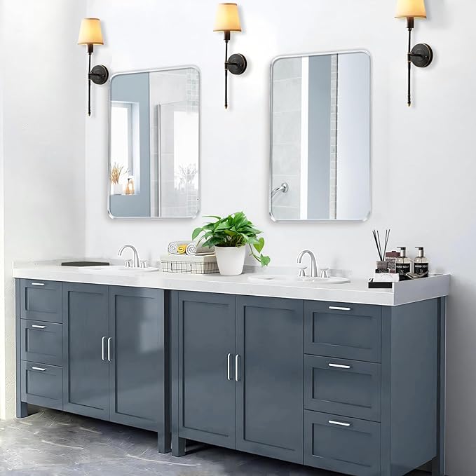 Brushed Nickel Bathroom Wall Mirror, Silver Metal Framed Large Rounded Corner Rectangle Mirror, Tempered Glass, Shatter Proof, Hangs Horizontally or Vertically (40" x 30", Silver)