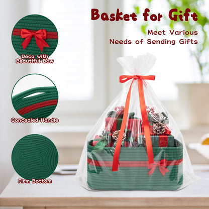 OIAHOMY Christmas Basket with Gift Bags and Ribbons, Woven Storage Basket for Decorations, Nursery, Pets - Green