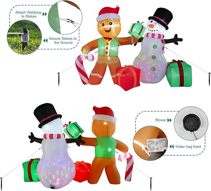 6FT Christmas Inflatables Outdoor Decorations, Giant Gingerbread Man & Snowman with Built-in Rotating LED Lights, Holiday Yard Decor for Lawn Garden Patio Party (Gingerbread Man Snowman)