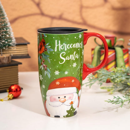 Topadorn 17oz Christmas Ceramic Travel Coffee Mug with Sealed Lid Tea Cup with Color Box, Microwave & Dishwasher Safe, Unique Coffee Mug for Latte & Hot Chocolate, Christmas Home Gifts, Santa