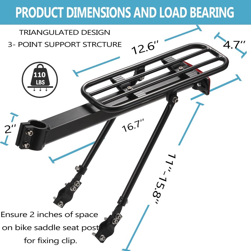 YONTUO BCR13V1:Rear Bike Rack,Bike Cargo Rack,Aluminum Alloy,Large Size Reflective,Full - Enclosed Integrated Chuck,Universal