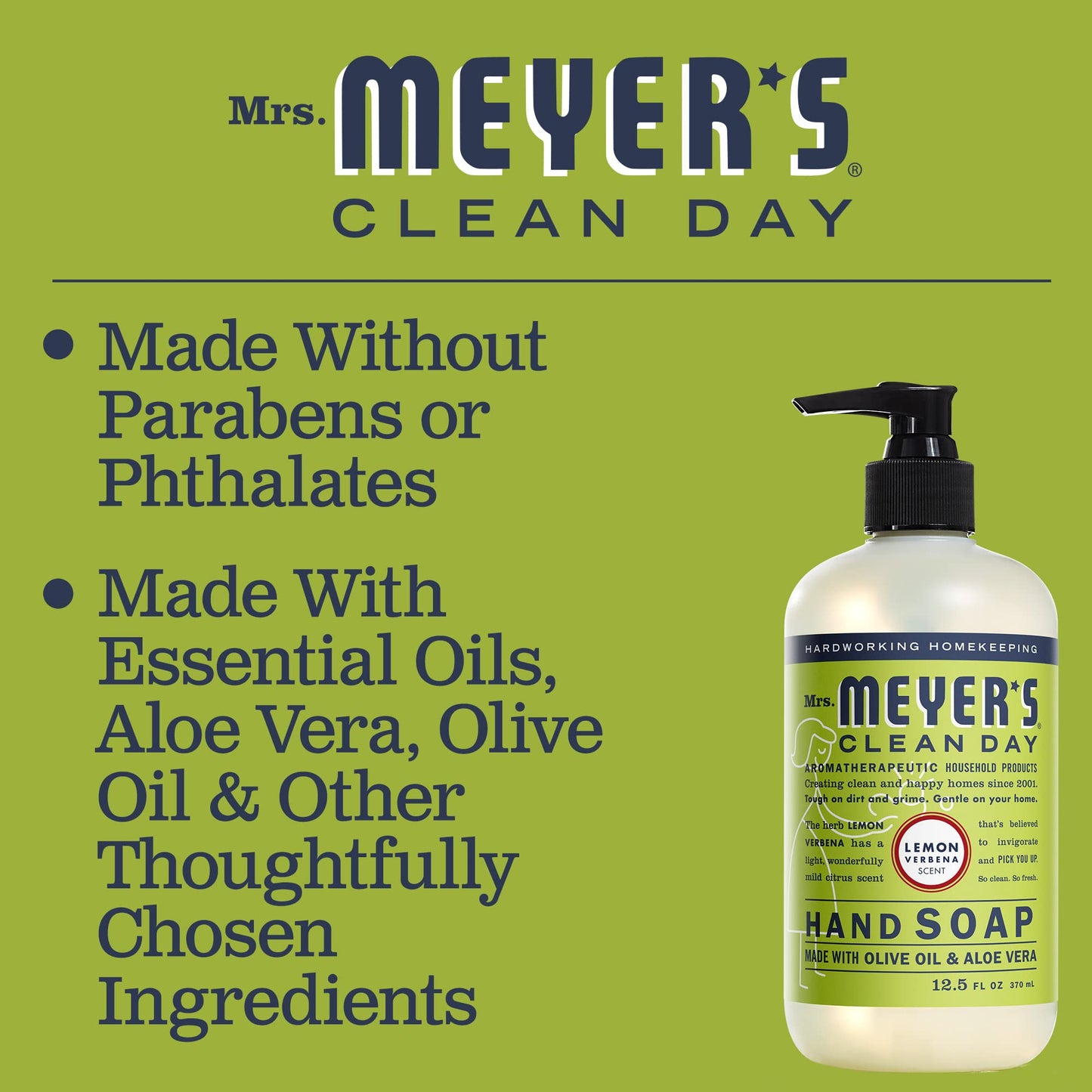 MRS. MEYER'S CLEAN DAY Liquid Hand Soap, Cruelty-Free, and Biodegradable Hand Wash Made with Essential Oils, Lemon Verbena Scent, 12.5 Oz (Pack of 3)