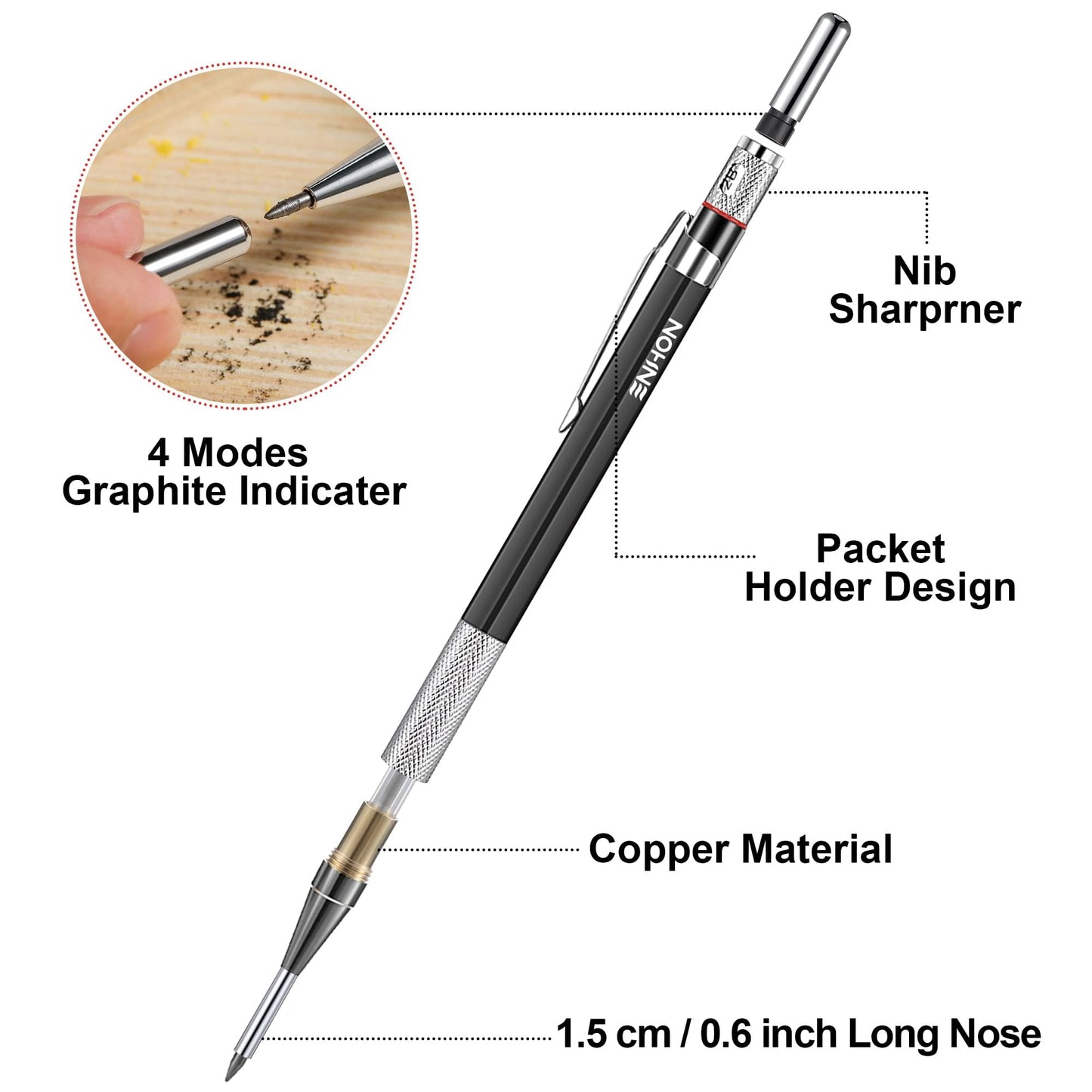 Enhon 2mm Mechanical Carpenter Pencil Set with 12 Marker Refills and Sharpener, Woodworking Marking Tool Solid Deep Hole Construction Pencil, Extended Needle-Nose Tip for Use in Jobs (Black)