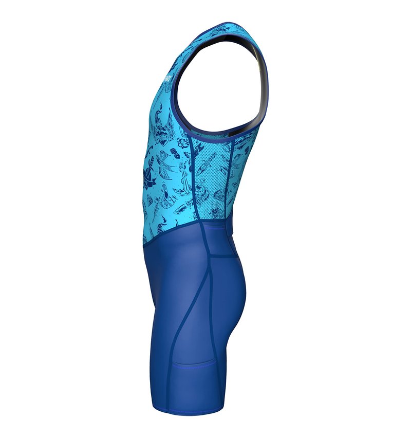 Sparx Men's Premium Triathlon Suit – Padded, Quick-Dry, Compression Fit, Lightweight Tri Suit for Swim, Bike, Run Race & Training (3XL, Blue Tattoos)