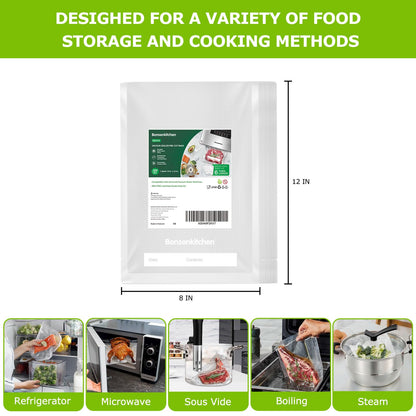 Bonsenkitchen Precut Vacuum Sealer Bags 200 Quart 8" x 12", BPA Free, Commercial Grade Textured Food Vacuum Sealer Bag, Thick Embossed Bags for Storage and Sous Vide Cooking VB3208