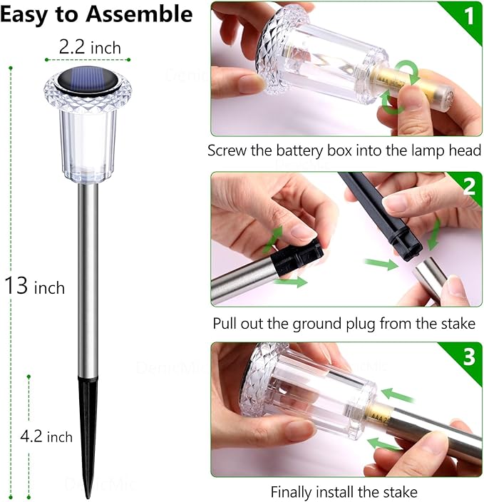 DenicMic Solar Lights Outdoor 10 Pack Waterproof 6000K Cold White LED Stainless Steel Stake for Pathway Yard Garden Driveway Solar Powered Outside Christmas Decor
