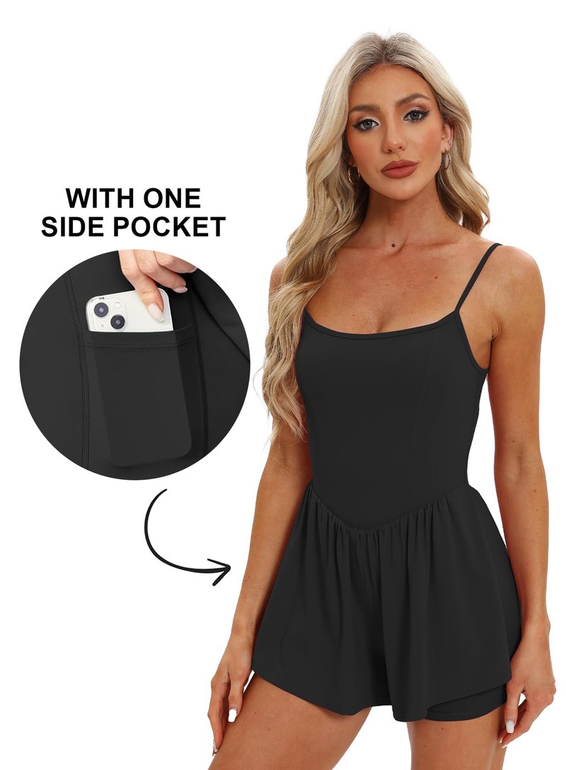 Beaully Women's Summer One Piece Sleeveless Rompers Spaghetti Strap Double Lined Shorts Overalls Jumpsuit 6110 Black M