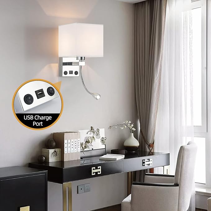 Sconces Wall Lighting Hardwired Modern Wall Lights for Bedroom with USB Port and Reading Lamp, Bedside Wall Lamps for Hotel, Living Room, Office (Silver)
