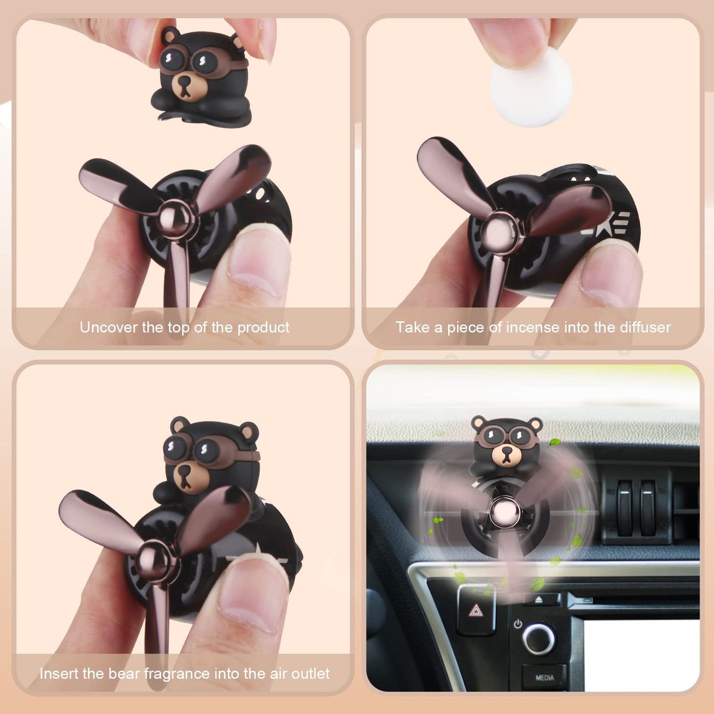 Car Air Freshener Cute Bear Pilot Halloween Car Perfume Diffuser Vent Clip Rotating Propeller Automobile Air Outlet Fan Aromatherapy Easter Halloween Gifts for Men Women(with 2 Incense Slices)