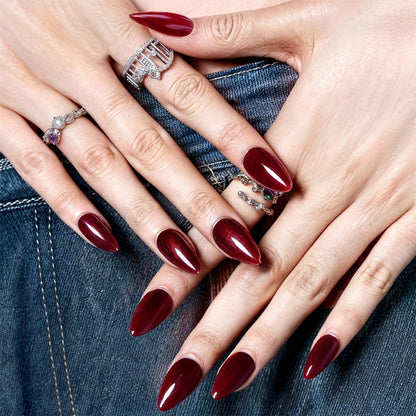 GLAMERMAID Cherry Red Press on Nails Medium Almond, Handmade Jelly Soft Gel Dark Red Glue on Nails Stiletto, Burgundy Emo Fake Nails Short Oval, Reusable Acrylic Stick on False Nails Kit for Women