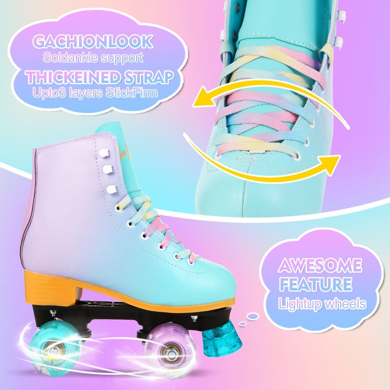 LIKU Quad Roller Skates for Girl and Women with All Wheel Light Up,Indoor/Outdoor Lace-Up Fun Illuminating Roller Skate for Kid (Purple, 1-2)