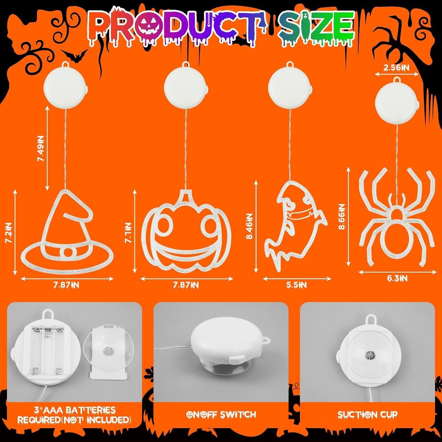 4 Pack Halloween Decorations, Orange Pumpkin, White Ghost, Purple Witch Hat, Green Spider Lights, Battery Operated Halloween Window Lights with Suction Cup and Timer for Decor
