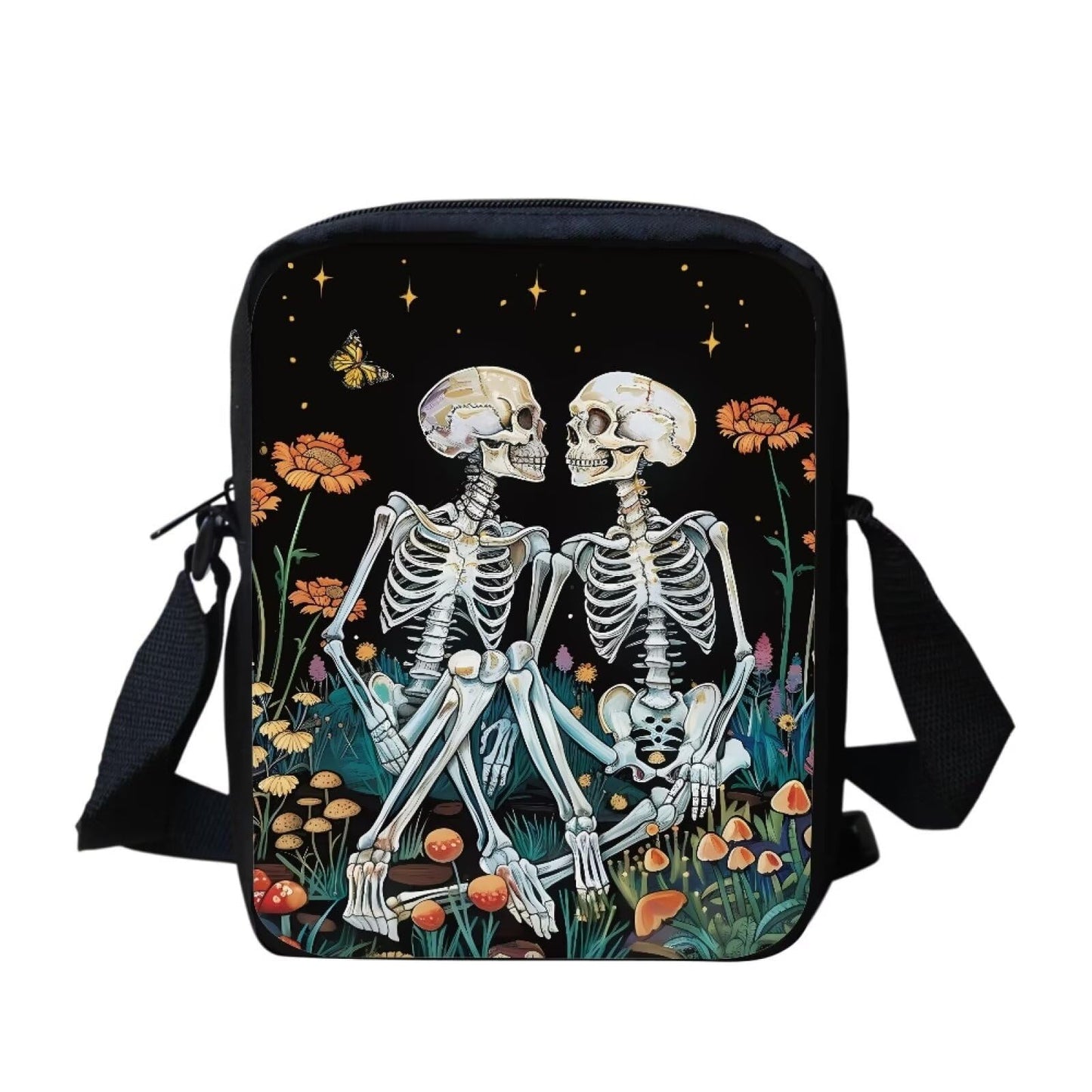 COEQINE Halloween Purse Skull Crossbody Bags Goth for Women Men Goth Teen Purse Novelty Travel Skull Couple Pattern Mini Messenger Bag for Teens Party
