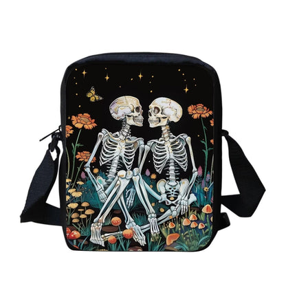 COEQINE Halloween Purse Skull Crossbody Bags Goth for Women Men Goth Teen Purse Novelty Travel Skull Couple Pattern Mini Messenger Bag for Teens Party