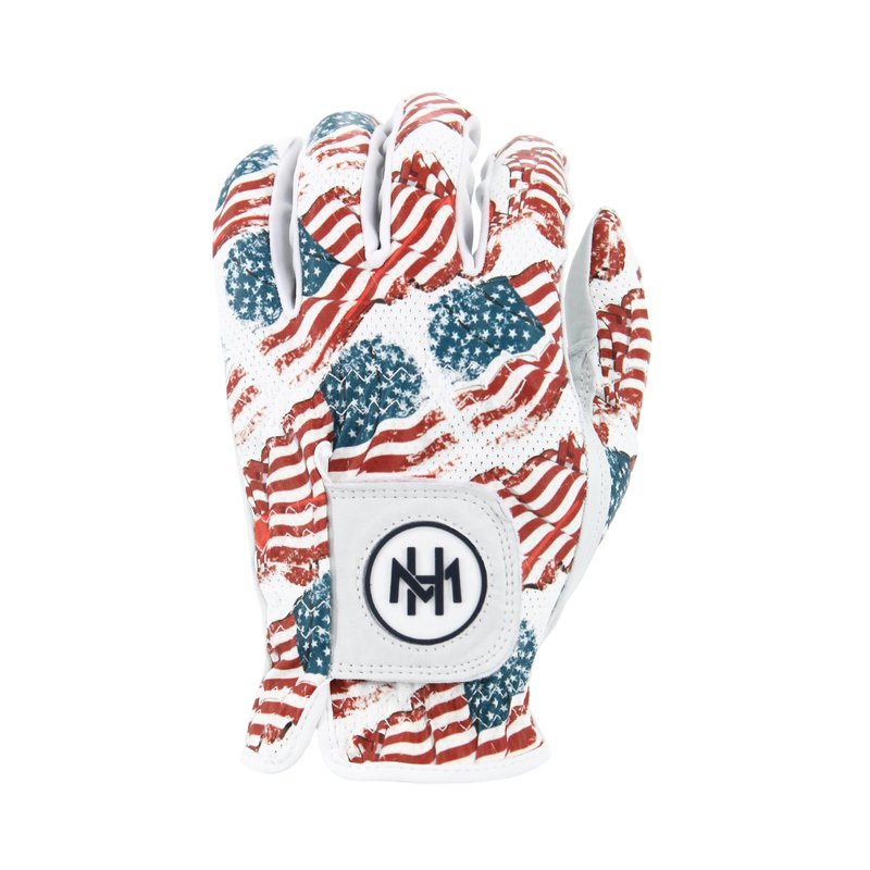 MULLIGAN HOOLIGAN® Men's Golf Glove | Premium Cabretta Leather & Mesh, Breathable Moisture-Wicking Comfort, Unique Standout Design for Men & Women (Patriotic USA Flag, Large, Worn On Left Hand)