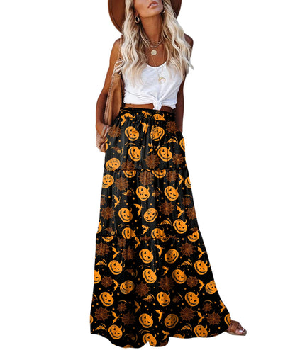 EARKOHA Womens Casual High Waist Tie Paisley Print Long Maxi Skirt with Pockets Halloween Pumpkin M