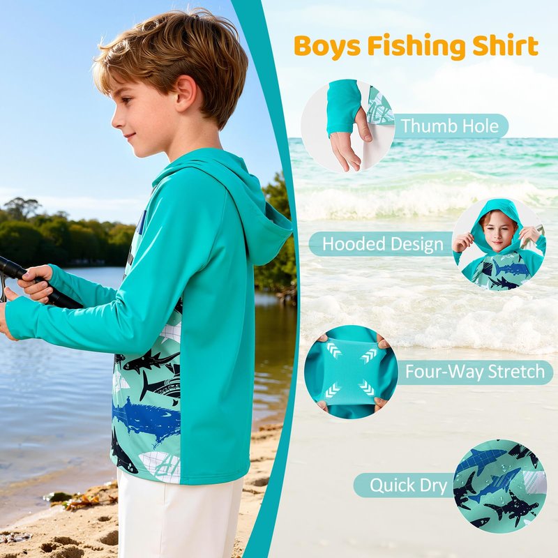 Boys Rash Guard Swim Shirts Toddler Kids Long Sleeve Hoodie UPF 50+ Sun Protection Swim Top Fishing Shirt with Thumb Hole Lake Blue Shark 3-4T
