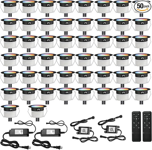 FVTLED LED Deck Lights Kit, 50pcs Φ1.22 WiFi Smart Phone Control Low Voltage Recessed RGBW Deck Lighting Waterproof Outdoor Yard Path Stair Decor, Black