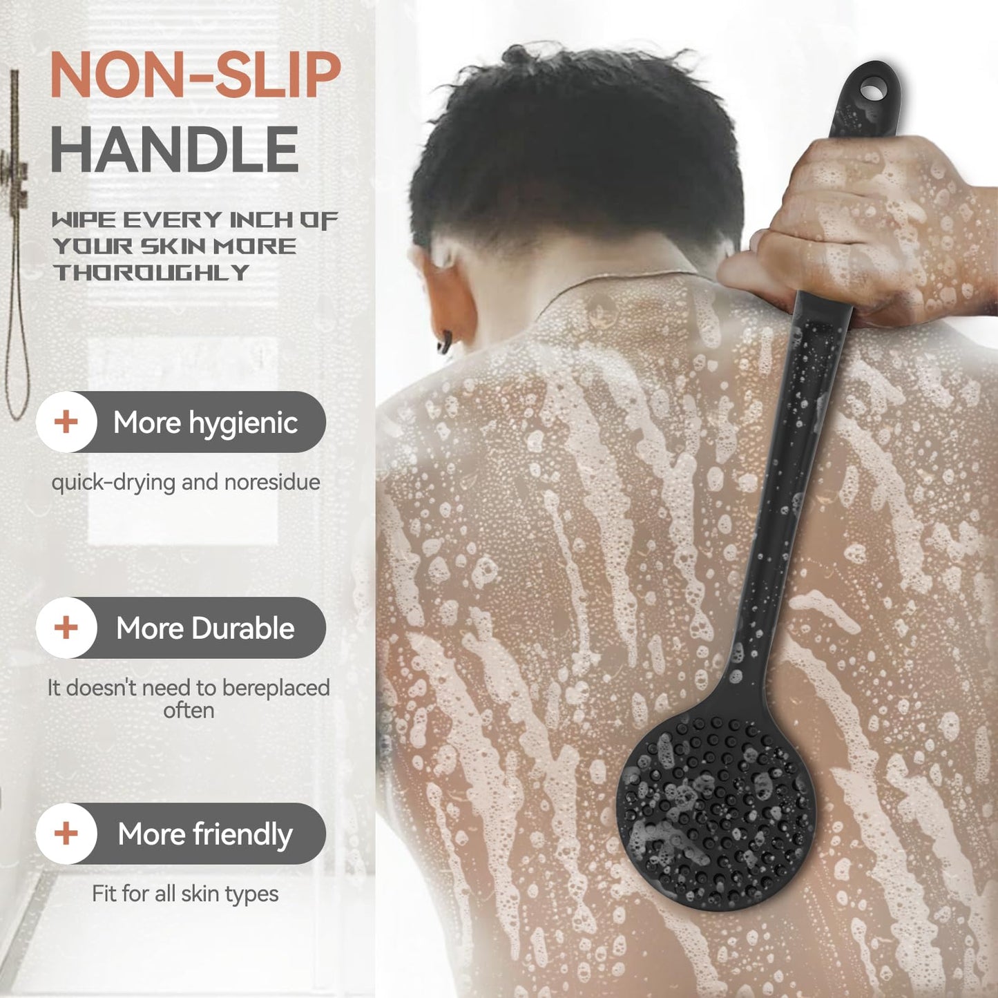 3 PCS Silicone Bath Brush Set,Back Scrubber & Body Brush & Face Brush Set, Super-Exfoliating & Lathering Body Scrubber, Shower Brush, Face Scrubber Combination for HomeBathroom Hotel Travel.(Black)