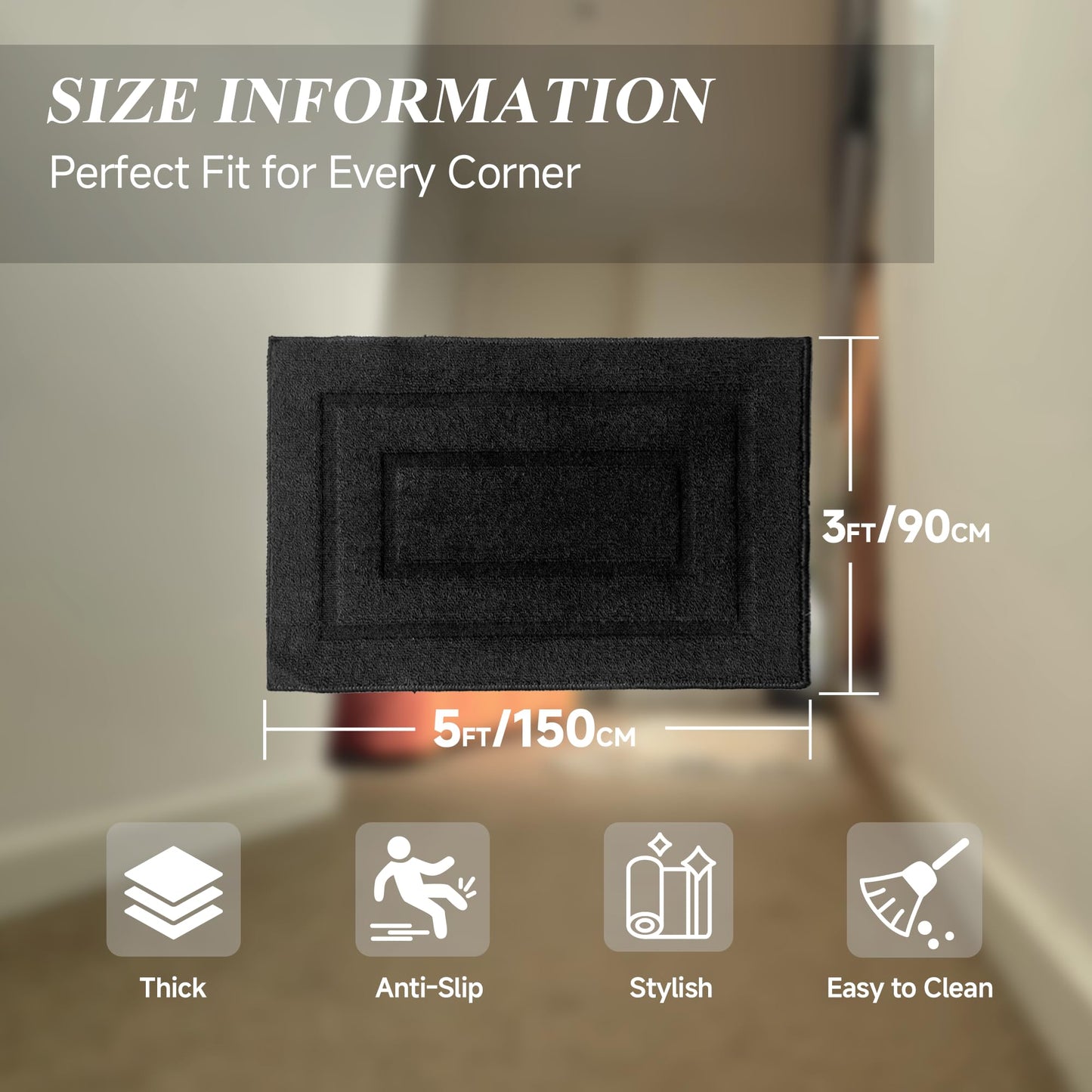 3x5 Washable Runner Rug for Hallway, Non Slip Low-Pile Kitchen Rug, Durable Soft Floor Carpet Runners for Entryway, Bedroom, Bathroom, Laundry Room, Solid Black