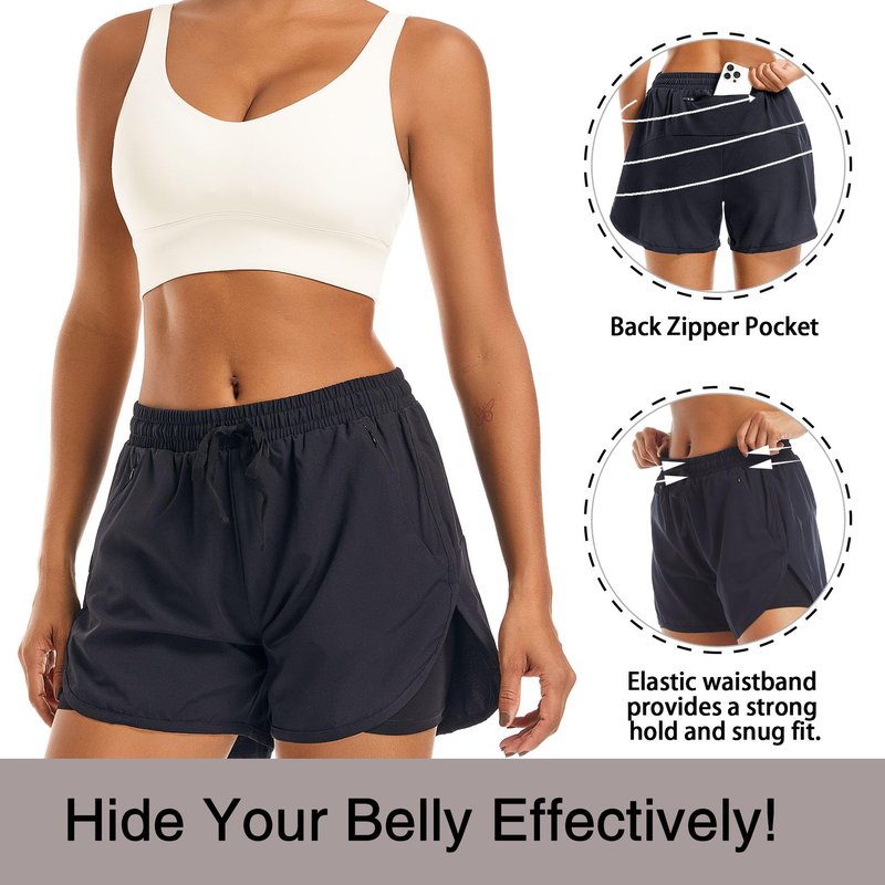 APWKL Women's 2 in 1 Athletic Running Shorts Quick Dry Workout Casual Gym Sweat Shorts Mesh Comfy Liner Zipper Pockets(Black,M)