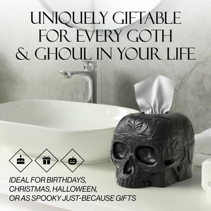 Gothic Skull Tissue Box Cover – Heavyweight Square Tissue Holder – Won’t Move When Pulling a Tissue – Black Home & Bathroom Décor – Home Gift for Women & Men, Goth, Horror, & Halloween Enthusiasts