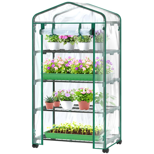 Ohuhu Mini Greenhouse for Indoor Outdoor with Wheel, Small Plastic Plant Green House 4-Tier Rack Stand Portable Greenhouses with Durable PVC Cover for Seedling