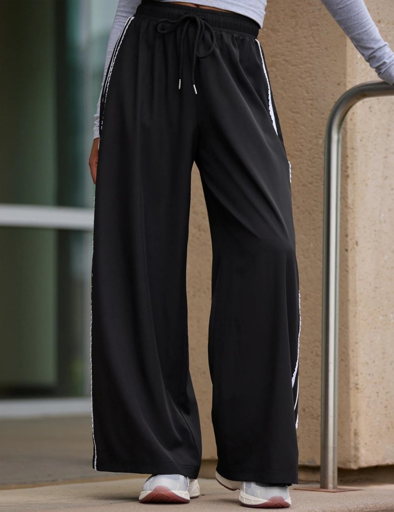 Yeokou Women's Wide Leg Sweatpants Side Stripe Crochet Slip on Drawstring Casual Running Track Palazzo Pants with Pockets