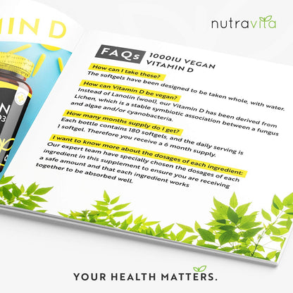 Vegan Vitamin D 1000iu (25ug) - Plant-Based Vitamin D3 Softgel Capsules Derived from Lichen - Maintenance of Healthy Immune System, Muscles, Bones & Teeth - 180 Softgels - Made in The UK by Nutravita