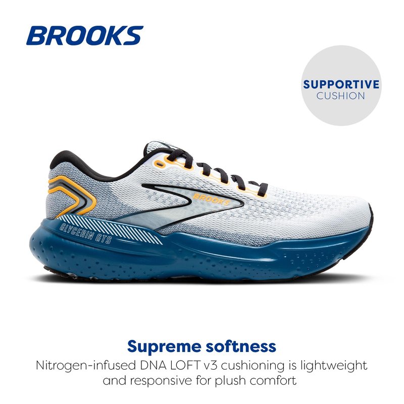 Brooks Men's Glycerin GTS 21 Supportive Running Shoe - White/Sapphire/Orange - 8 Medium