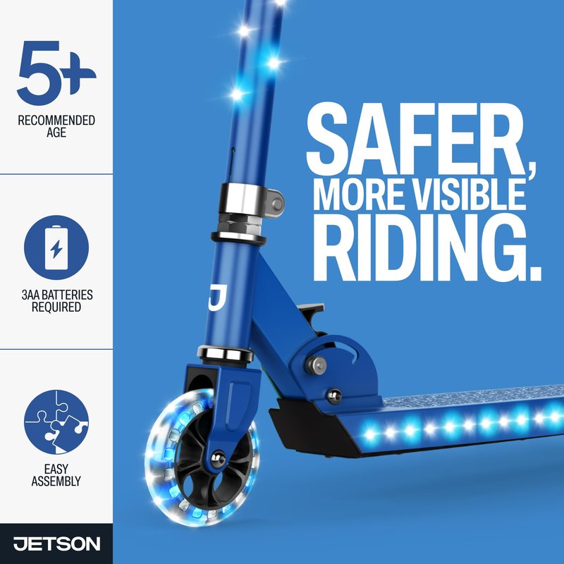 Jetson Scooters - Jupiter Kick Scooter (Blue) - Collapsible Portable Kids Push Scooter - Lightweight Folding Design with High Visibility RGB Light Up LEDs on Stem, Wheels, and Deck
