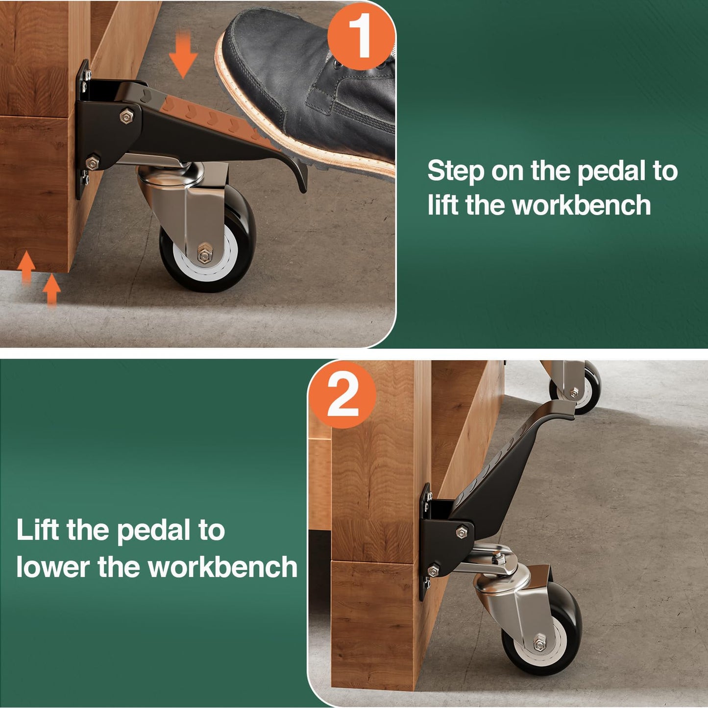 DOZAWA Workbench Casters Kit, 600 Lbs Retractable Casters Set of 4 Heavy Duty, 2.5" Side Mount Caster Wheels, Stepdown Castor Wheel for Workbenches, Machinery and Tables