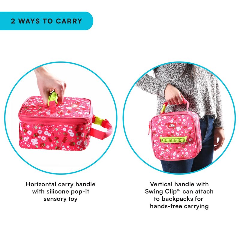 Arctic Zone Kids Lunch Box Combo with Gel Ice Pack and Sandwich Container, Insulated Bag for Travel Lunch, Sensory Fidget Handle, Very Berry Cherry